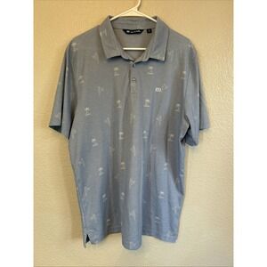 TravisMathew Polo Shirt Mens 2XL Blue Palm Tree Parrot Pima Cotton Golf Tropical